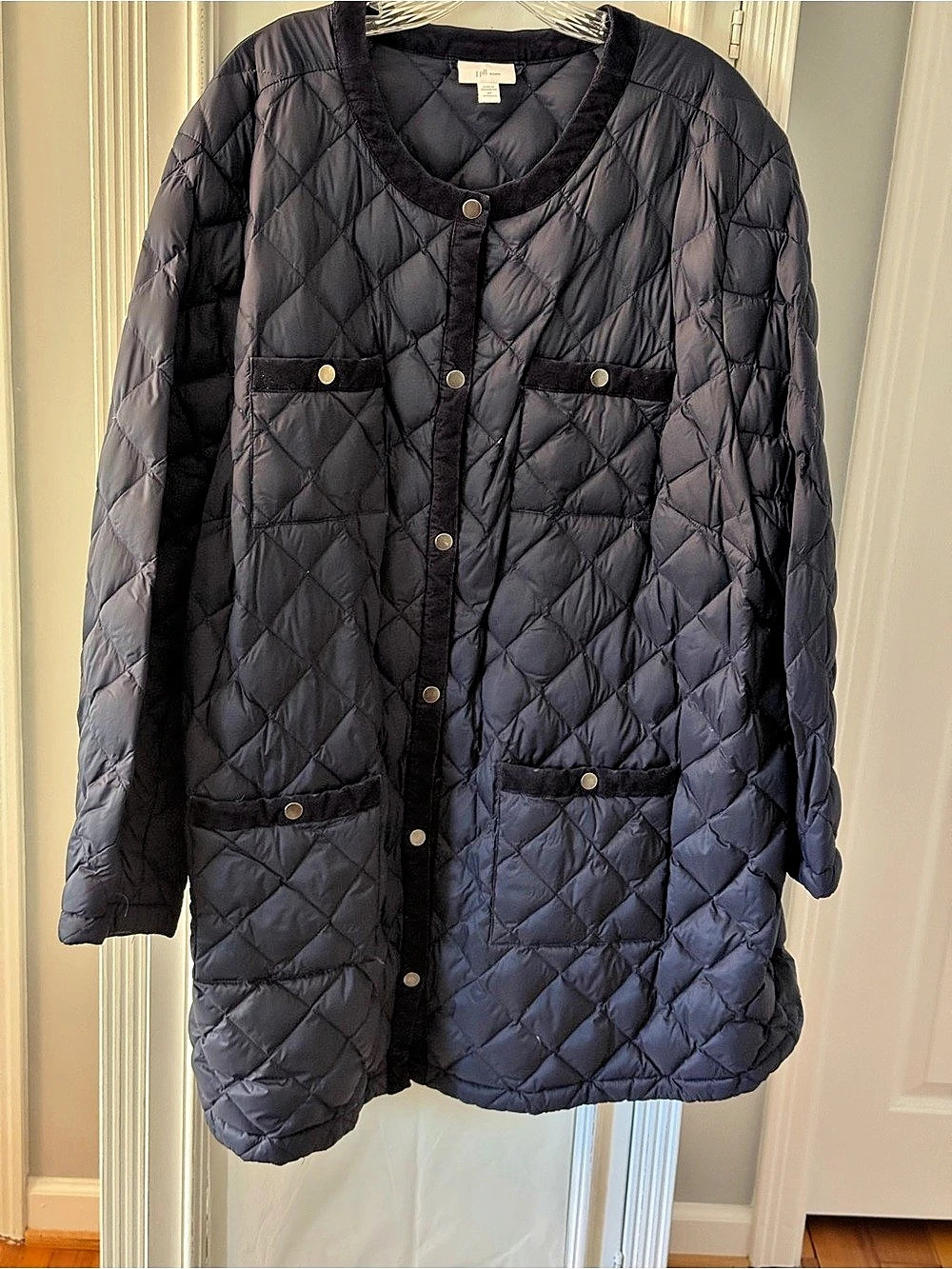 J.Jill Navy Quilted Longline Down Puffer Jacket Snap Front Velvet Trim Size 4X